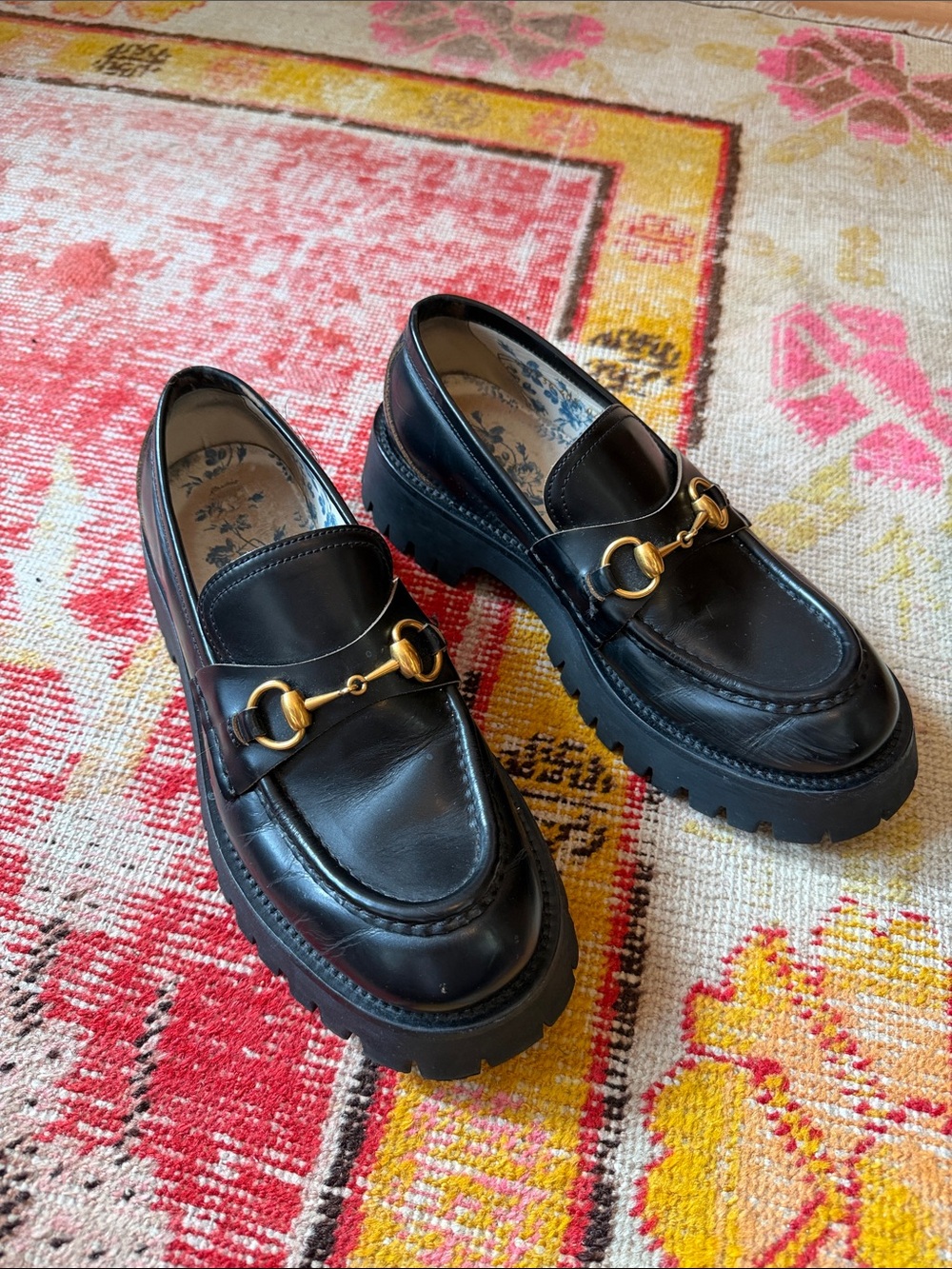 Gucci Harald Black Leather Lug-Sole Loafers with Gold Horsebit and Bee
